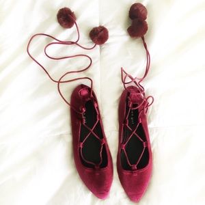 Velvet pom pom lace up flats